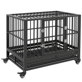 PawHut 36" Heavy Duty Dog Crate Metal Cage Kennel with Lockable Wheels, Double Door and Removable Tray, Gray PawHut 36" Heavy Duty Dog Crate Metal Cage Kennel with Lockable Wheels, Double Door and Removable Tray, Gray
